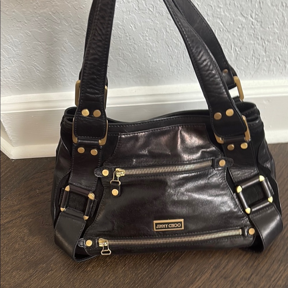 Jimmy Choo Black and Gold Leather Shoulder Bag